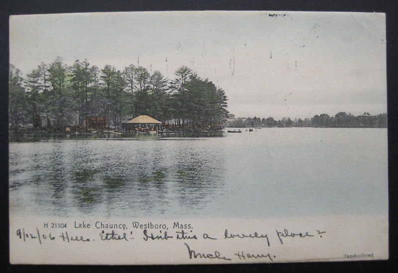 1906 WESTBORO, MA, LAKE CHAUNCY, HANDCOLORED ROTOGRAPH  