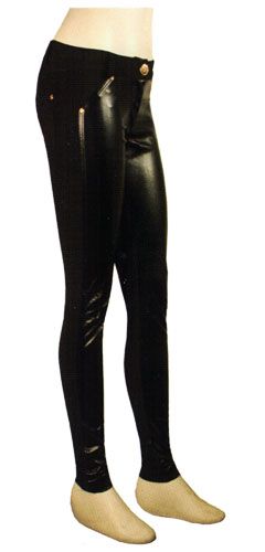 Polyurethane Leather Skinny Leggings with Latex Combined Rib Pants