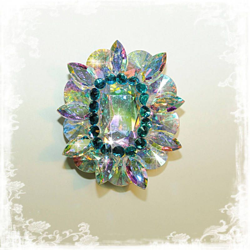 RHINESTONE PAGEANT BROOCH CRYSTAL AB BLUE ZIRCON STONES  