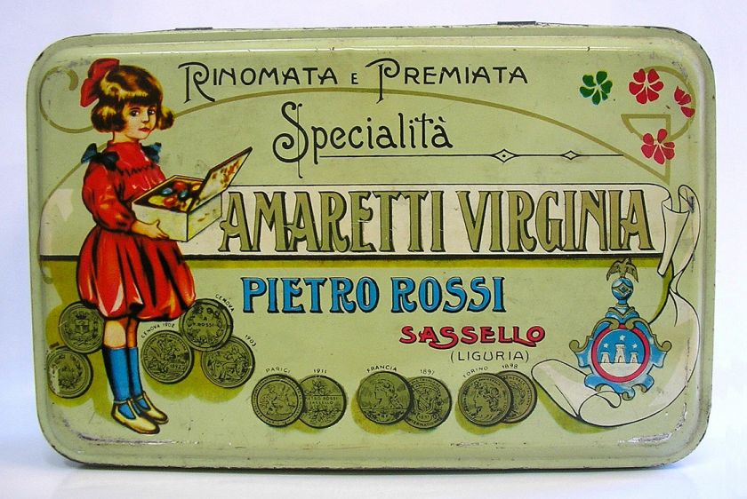 TOLEWARE LITHOGRAPHY TIN BOX AMARETTI VIRGINIA PIETRO ROSSI LIGURIA 