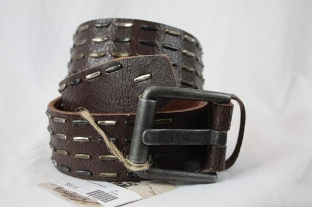 NWT Bill Adler DK Brown Leather Pounded Staples Belt 32  