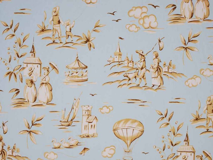 Aqua Blue Brown Cotton Toile Drapery Upholstery Fabric  