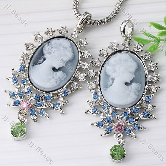 Blue Beauty Lady Cameo Crystal Rhinestone Gorgeous Oval Pendant Fit 