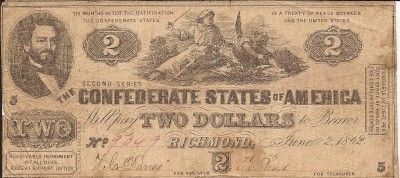 1862 Confederate $2 note featuring an allegorical representation of 