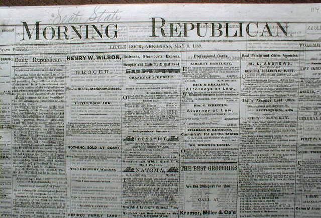 1869 Little Rock ARKANSAS newspaper Post CIvil War RECONSTRUCTION ERA 