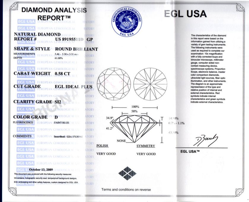 55CT F SI1 EGL CERT IDEAL + HEARTS & ARROWS DIAMOND  