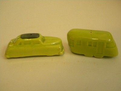 Vtg Salt Pepper Shakers Green Car and Trailer Motor Home 50s  