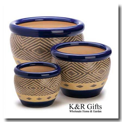 Piece Cobalt Blue & Sand Ceramic Planter Pot Set NEW  