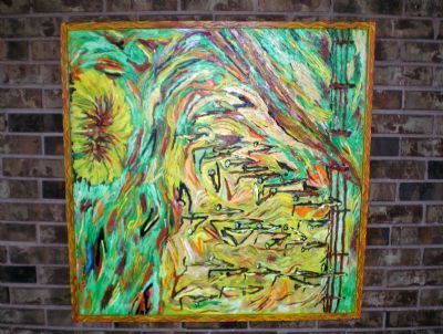 Original Abstract Outsider Folk Art Sunflowers Early Painting 1997 