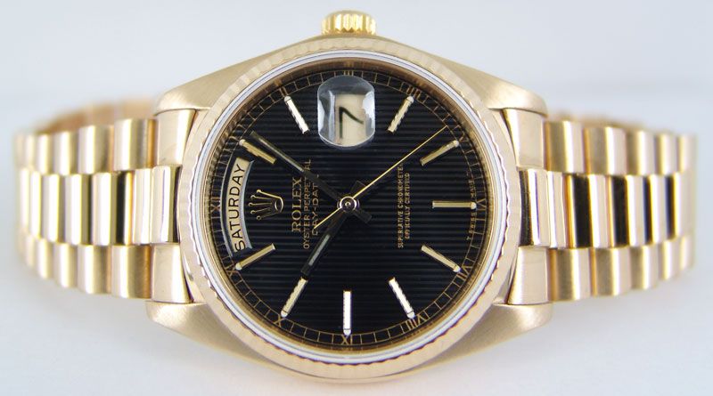 Rolex Mens 18kt Gold President 36mm Black Tapestry 18038 WATCH CHEST 