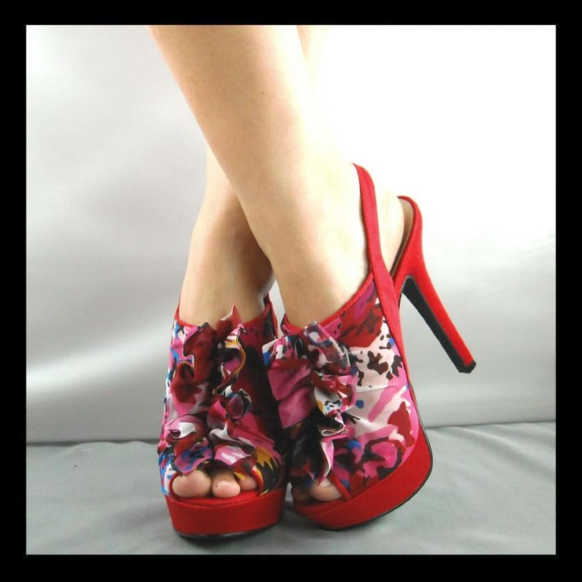 NEW RED PINK CHIFFON HIGH HEEL PEEPTOE PUMP SIZE 7  