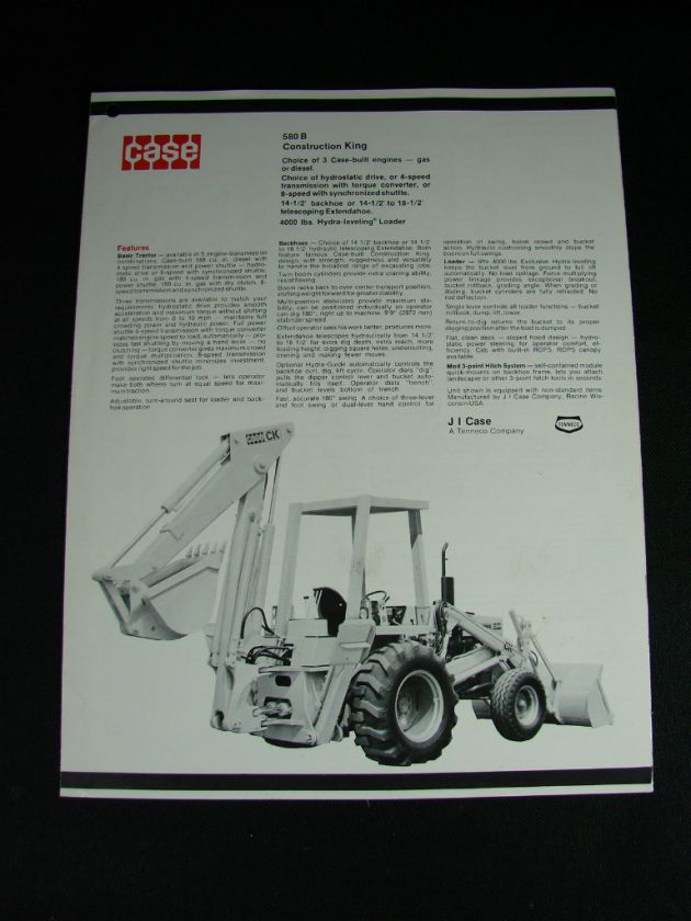 Case 580B Construction King Tractor/Loader/Backhoe Specs Brochure 1971 
