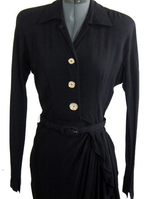 Fabulous Vintage 40s Evelyn Bader Black Crepe Silk Wiggle Dress  