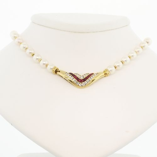 Estate 18K Yellow Gold Pearl Diamond Ruby Necklace Fine  