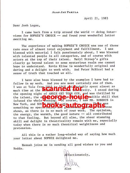 ALAN PAKULA   AUTOGRAPH LETTER   JOSH LOGAN   SOPHIES CHOICE   MERYL 