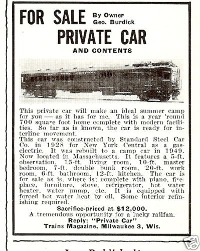 1959 PRIVATE Train Car for Sale AD~vintage RR  