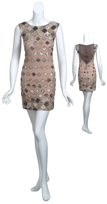 ALICE + OLIVIA Diamond Pattern Metallic Beaded Cocktail Evening Dress 