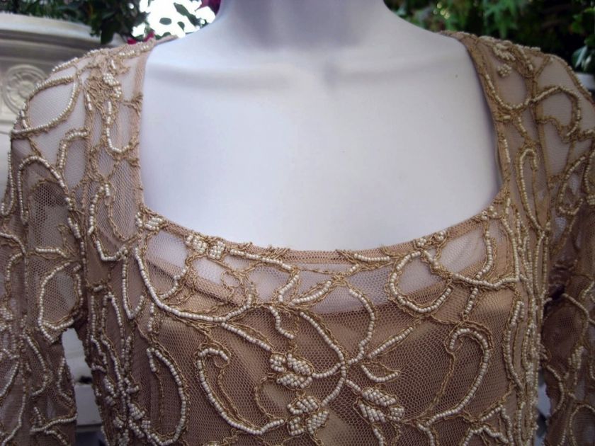 VTG CARMEN MARC VALVO BEIGE LACE BEADED EVENING GOWN 8  