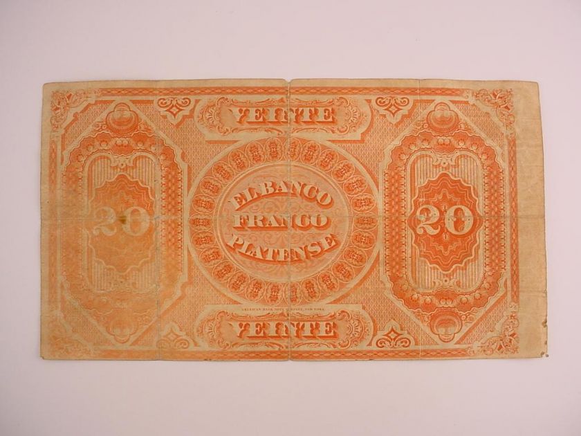 1871 Uruguay Banco Franco Platense 20 Pesos 2 Doblones  