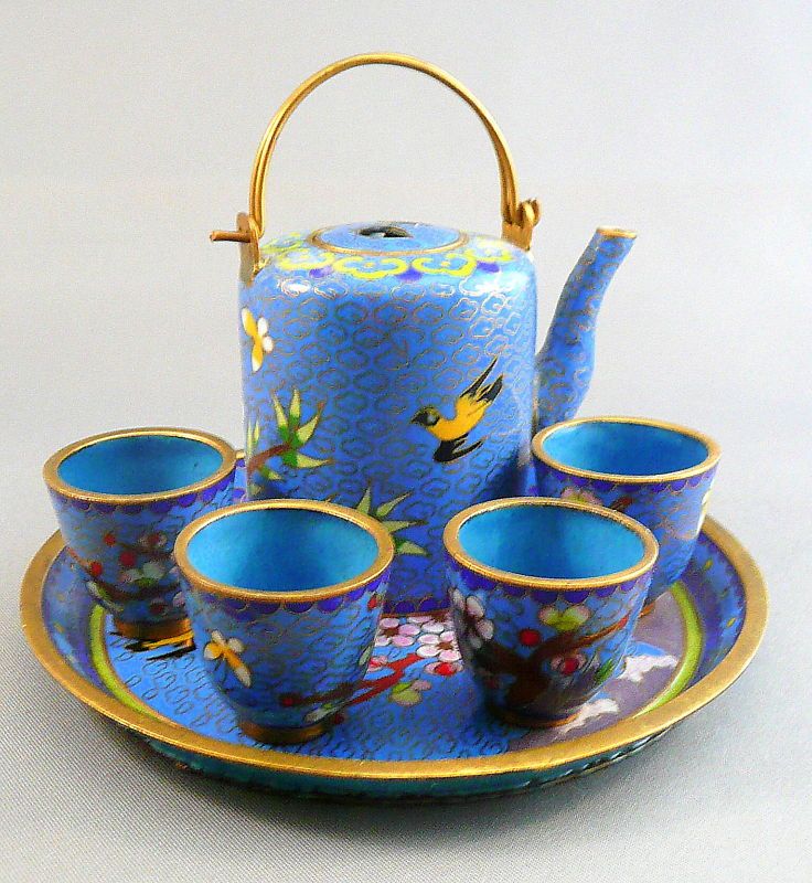 Vintage Chinese Miniature 7 Pce Enamel on Brass TEA SET  