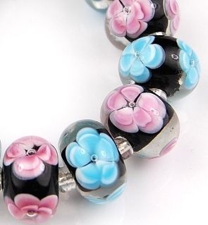 HANDMADE LAMPWORK GLASS BEADS Black w/ Pink Aqua Flower  