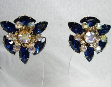 Large Juliana D&E Aurora Borealis & Sapphire Navette Rhinestone Clip 