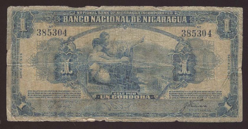 NICARAGUA VERY RARE 1 CORDOBA 1938 HAMILTON BANK NOTE★  