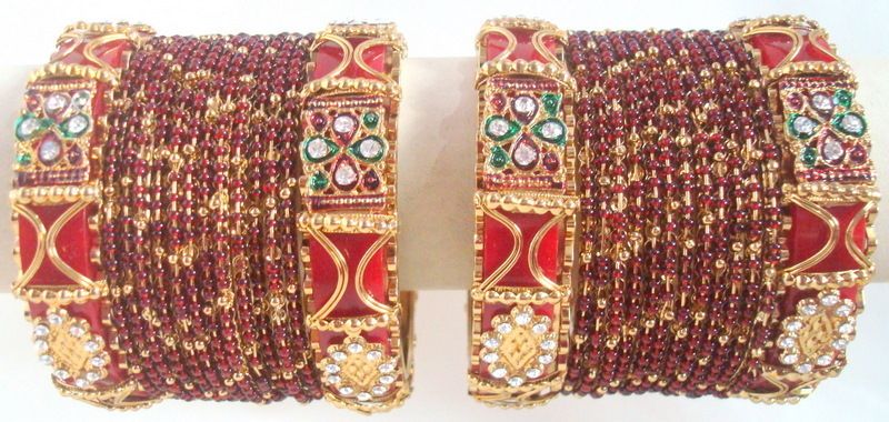 INDIAN BRIDAL MAROON & GOLD BANGLE KADA SET  