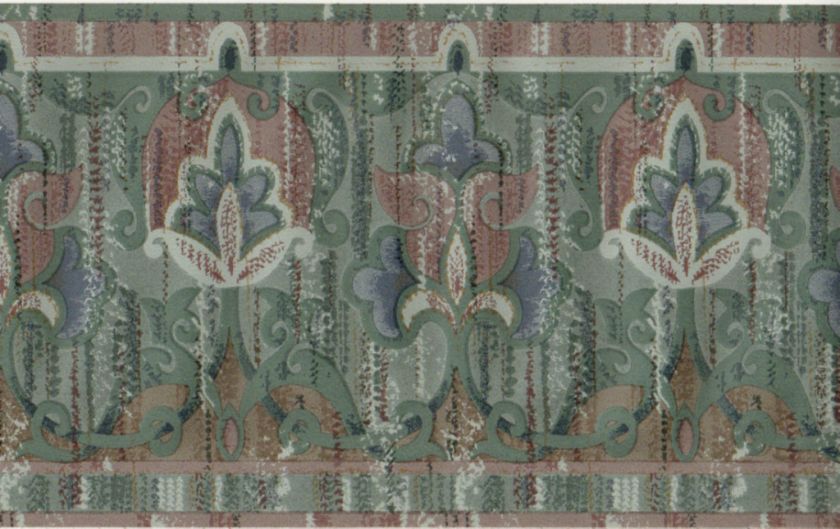   Lis GREEN Brown Burgundy Blue Damask Paisley Scroll Wall paper Border