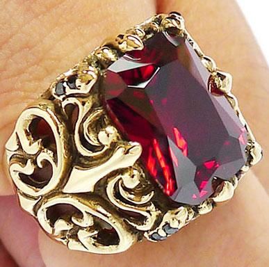   RUBY GOTHIC KNIGHT GOLD BRASS RING Sz 7.5 NEW PUNK ROCK EMO BIKER GOTH