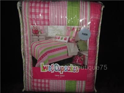 LOVE & CUPCAKES * OWL * TEEN GIRL TWIN Quilt BEDDING PINK GREEN BIRD 