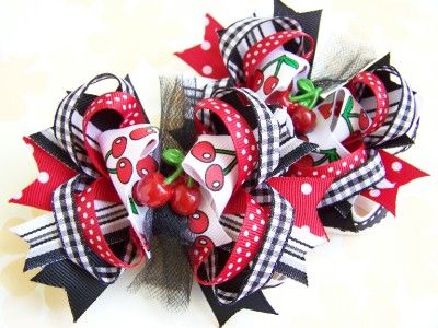 NEW Custom RED & BLACK CHERRY bOuTiQuE Piggie Hair Bows  