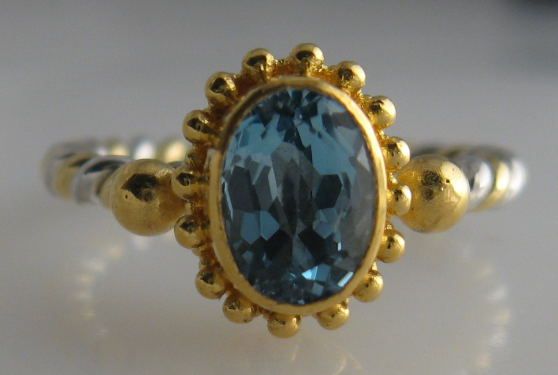 granulated 22K 18K gold SS ring aquamarine size 4.5  