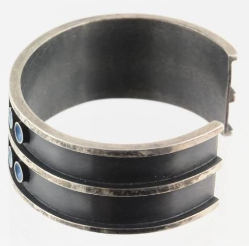 Sterling Silver and Blue Enamel Circles Heavy Cuff Bracelet 42.1 Grams 