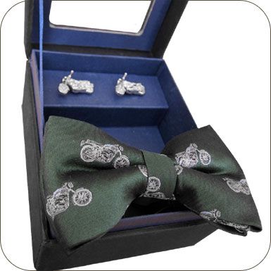   Motorcycle Green Silk Bow Tie & Cufflinks Cuff Links Set Bohn  