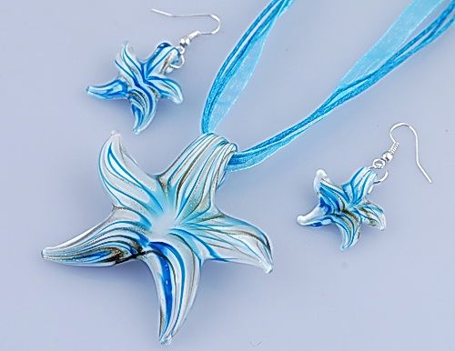 6sets Starfish Strip Lines Lampwork Murano Glass Pendant Necklace 