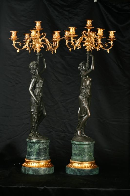 Pair French Louis XV Bronze Female Candelabras Figurines Ormolu  