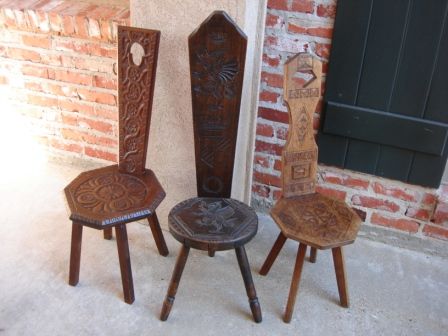   Antique English Hand Carved Wood Spinning Wheel Chair Stool Hearth