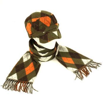 Argyle Plaid Cadet Hat Softer Cashmere Scarf? Set Olive  