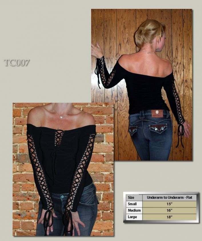 Goth Shoulderless Top Clubwear Black Lace Up Sleeves  