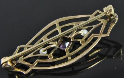   14K Yellow Gold Amethyst & Seed Pearl Edwardian Brooch Bar Pin  