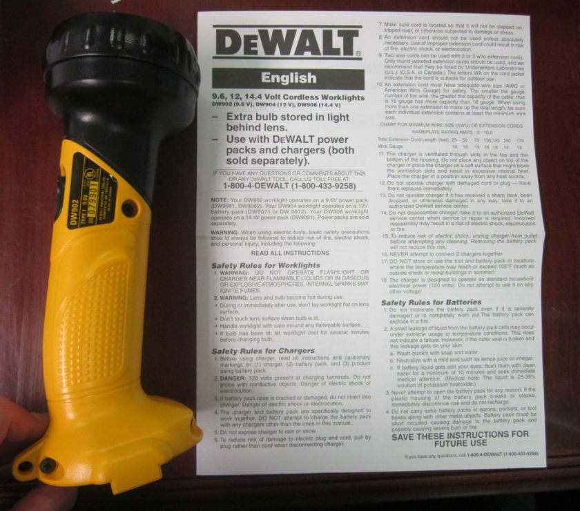 DeWalt DW902 Type 1 9.6V Cordless Work Light With Extra Bulb   No 