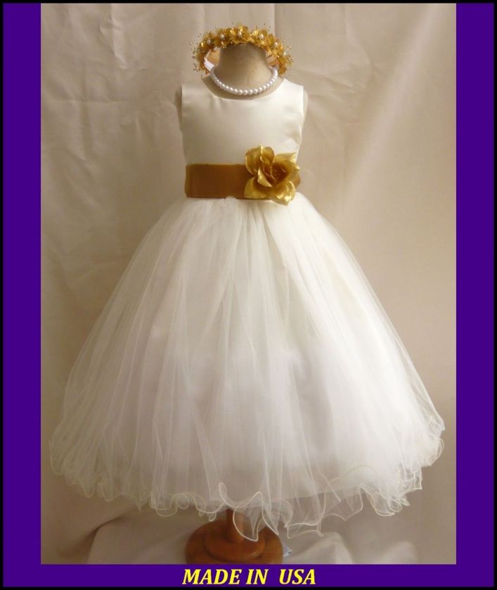 NEW IVORY GOLD WEDDING PARTY GOWN FLOWER GIRL DRESS 18 24MO 2 4 6 8 10 