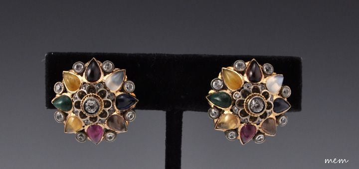 14k Yellow Gold Diamond Sapphire Garnet Mughal Earrings  