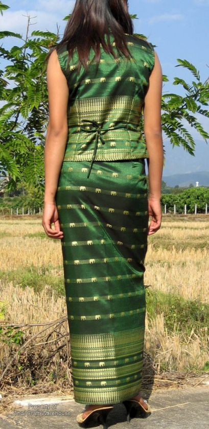 Elephant Motif Thai Silk Chinese Dress Myrtle Green szS  