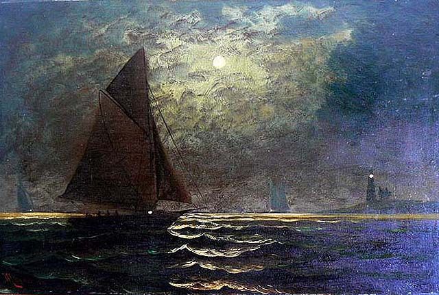 EDWARD MORAN SAILBOATS IN MOON LIGHT OIL ON LINEN Ca 1850  