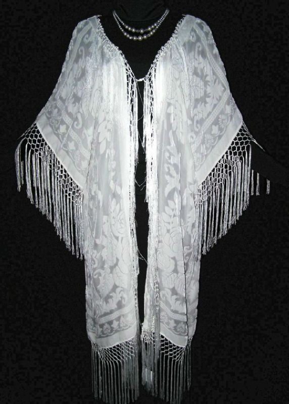 Silk Burnout Velvet Fringe Jacket Kimono IVORY NEW PLUS  