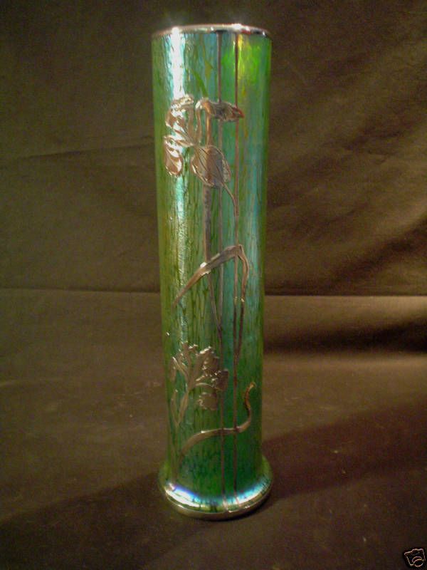 LOETZ PAPILLON SILVER OVERLAY ART GLASS VASE, c 1900  