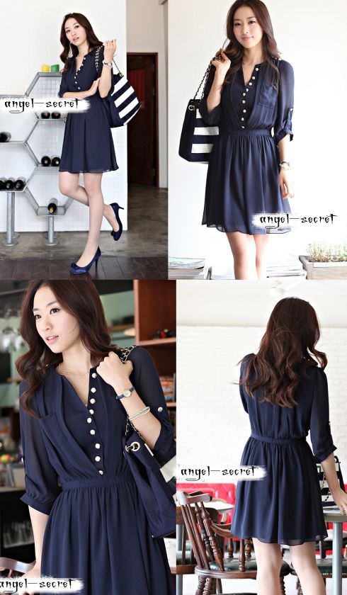 J136 WOMEN NAVY BEIGE ONE PIECE CHIFFON LONG SLEEVES  