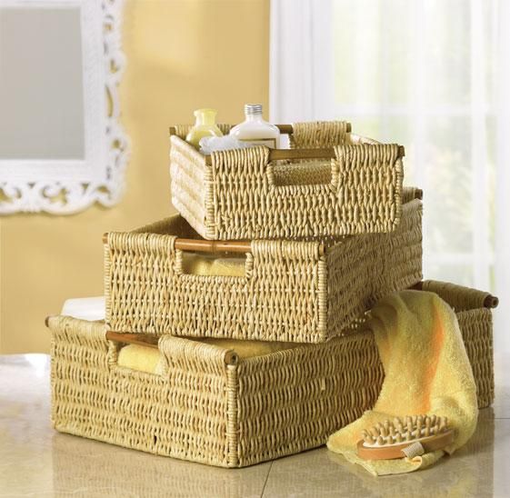 PIECE BASKETS BAMBOO HANDLES WOVEN CORN HUSK STORAGE  